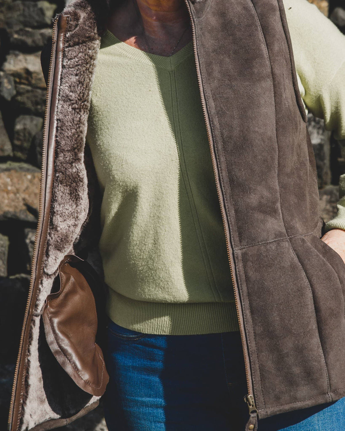 Nordvek womens sheepskin gilet 711-100 stone on model front open showing detail