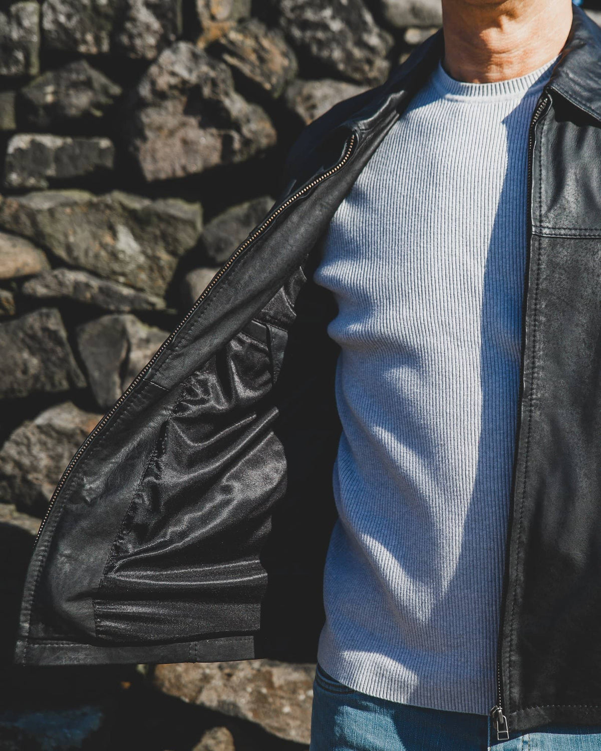 Nordvek mens leather jacket 713-100 black open showing detail