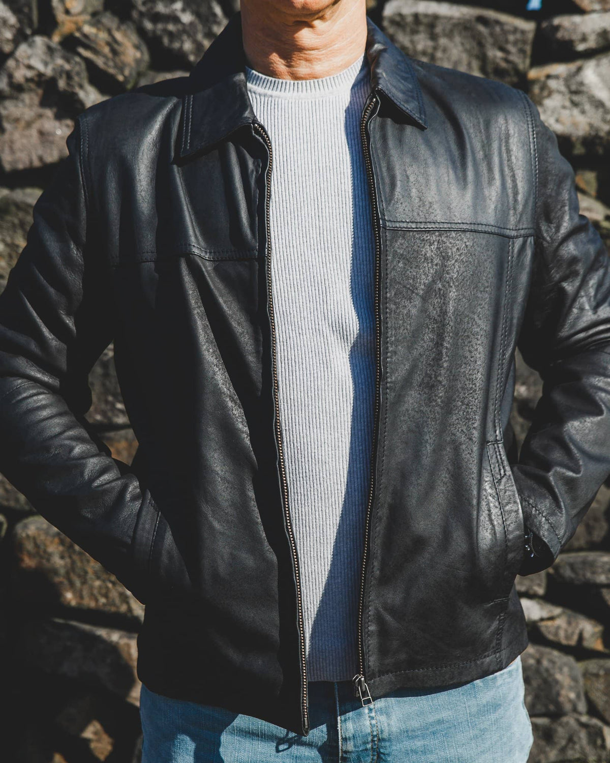 Nordvek mens leather jacket 713-100 black on model side