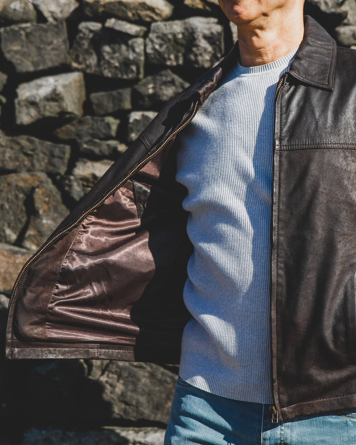 Nordvek mens leather jacket 713-100 brown open showing detail