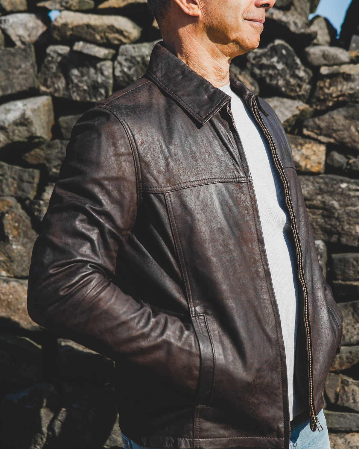 Nordvek mens leather jacket 713-100 brown on model side fully open showing lining