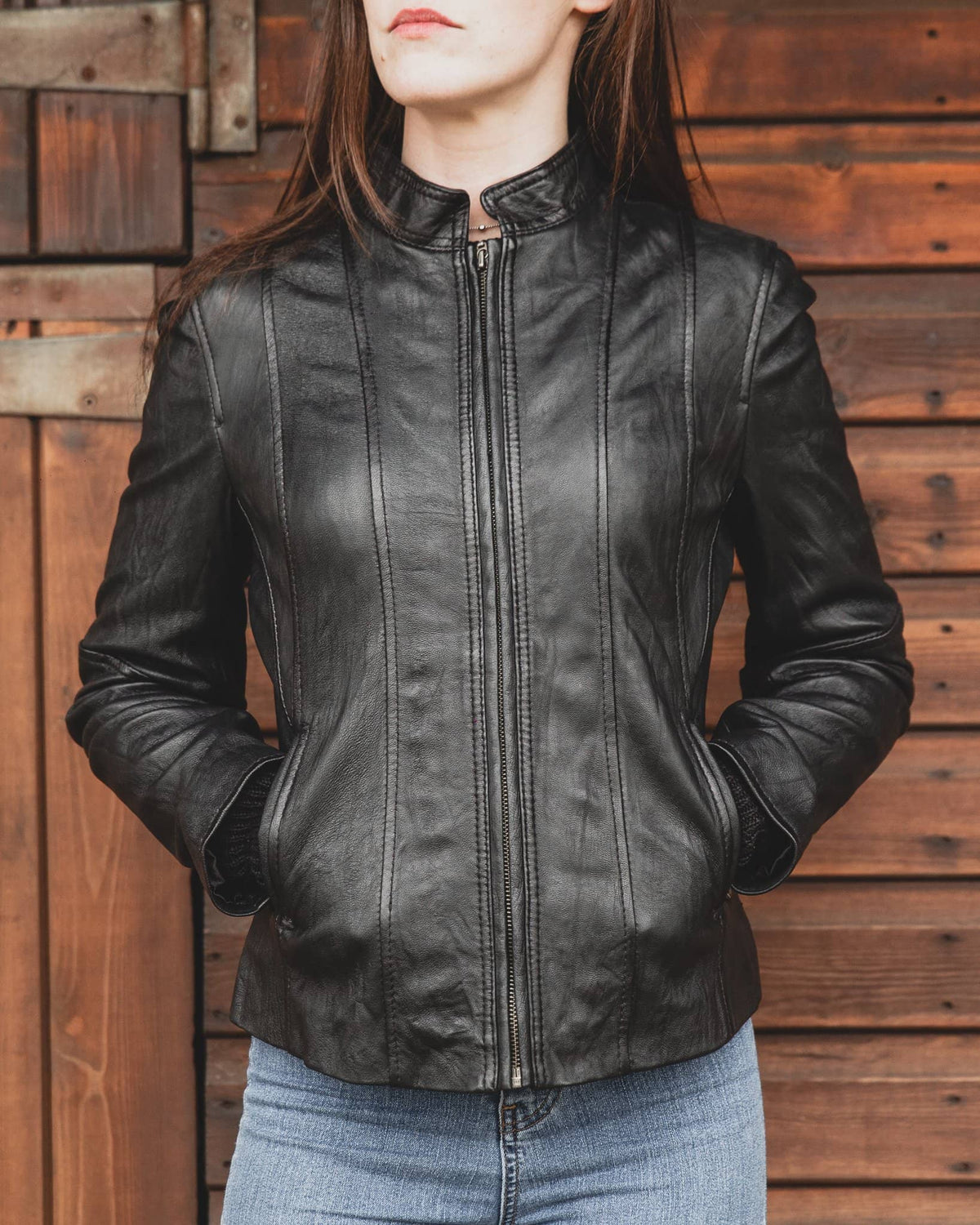 Nordvek womens leather jacket 714-100 black on model hands in pocket