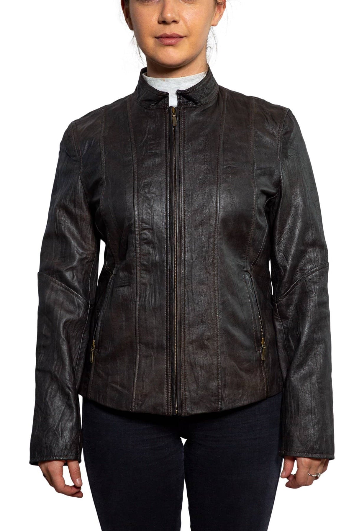Nordvek womens leather jacket 714-100 brown front
