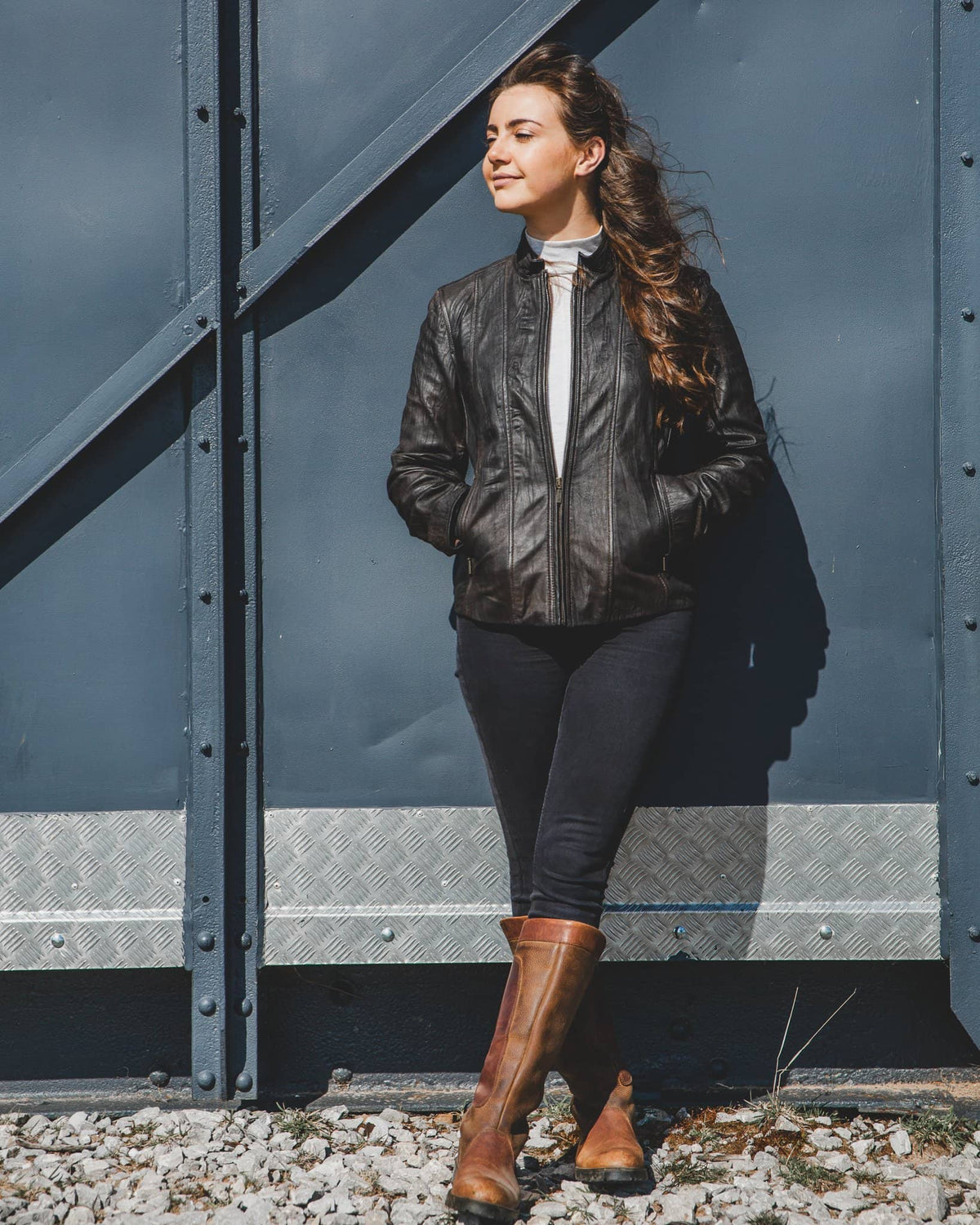 Nordvek womens leather jacket 714-100 black on model full outfit