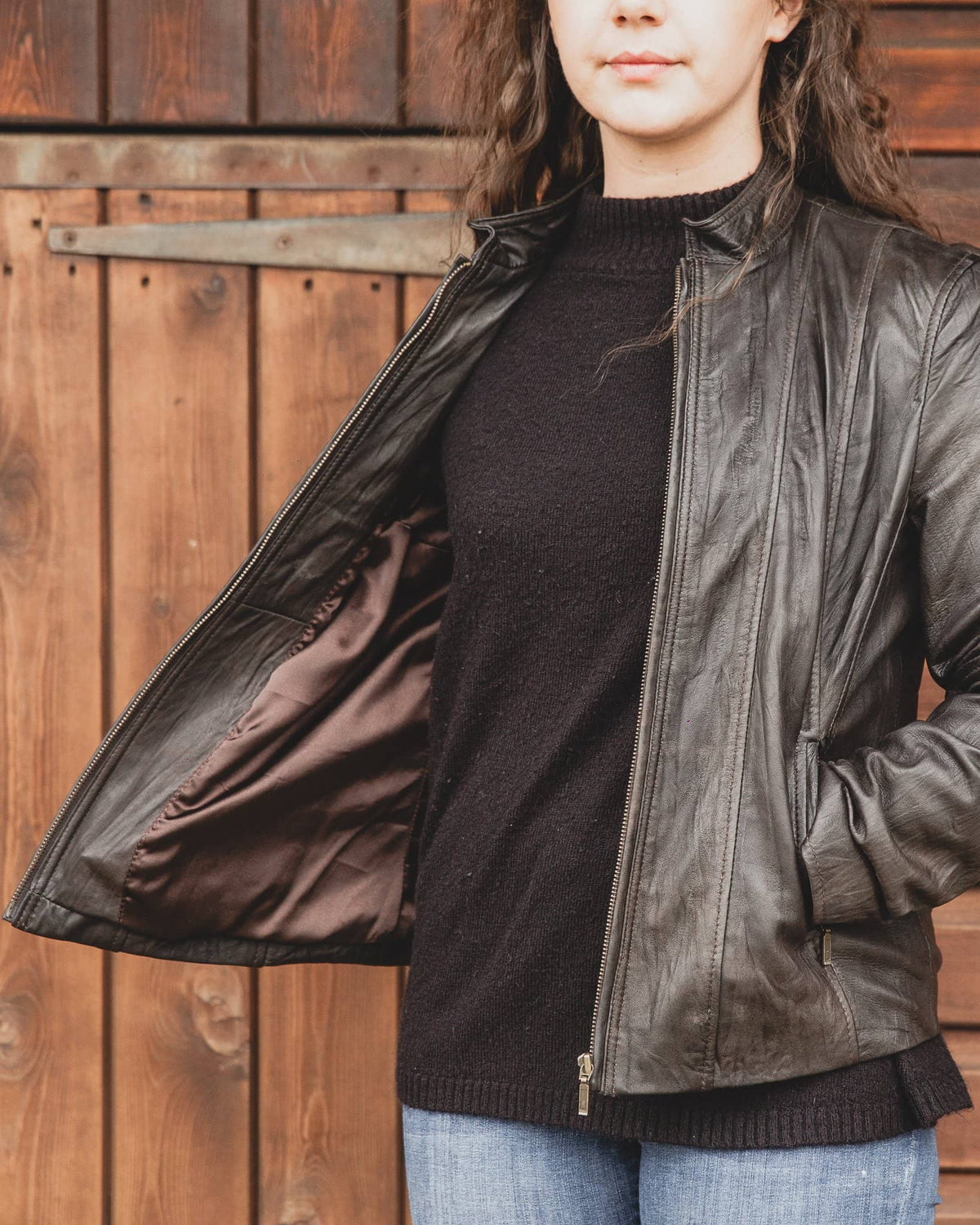 Nordvek womens leather jacket 714-100 brown on model showing inside lining