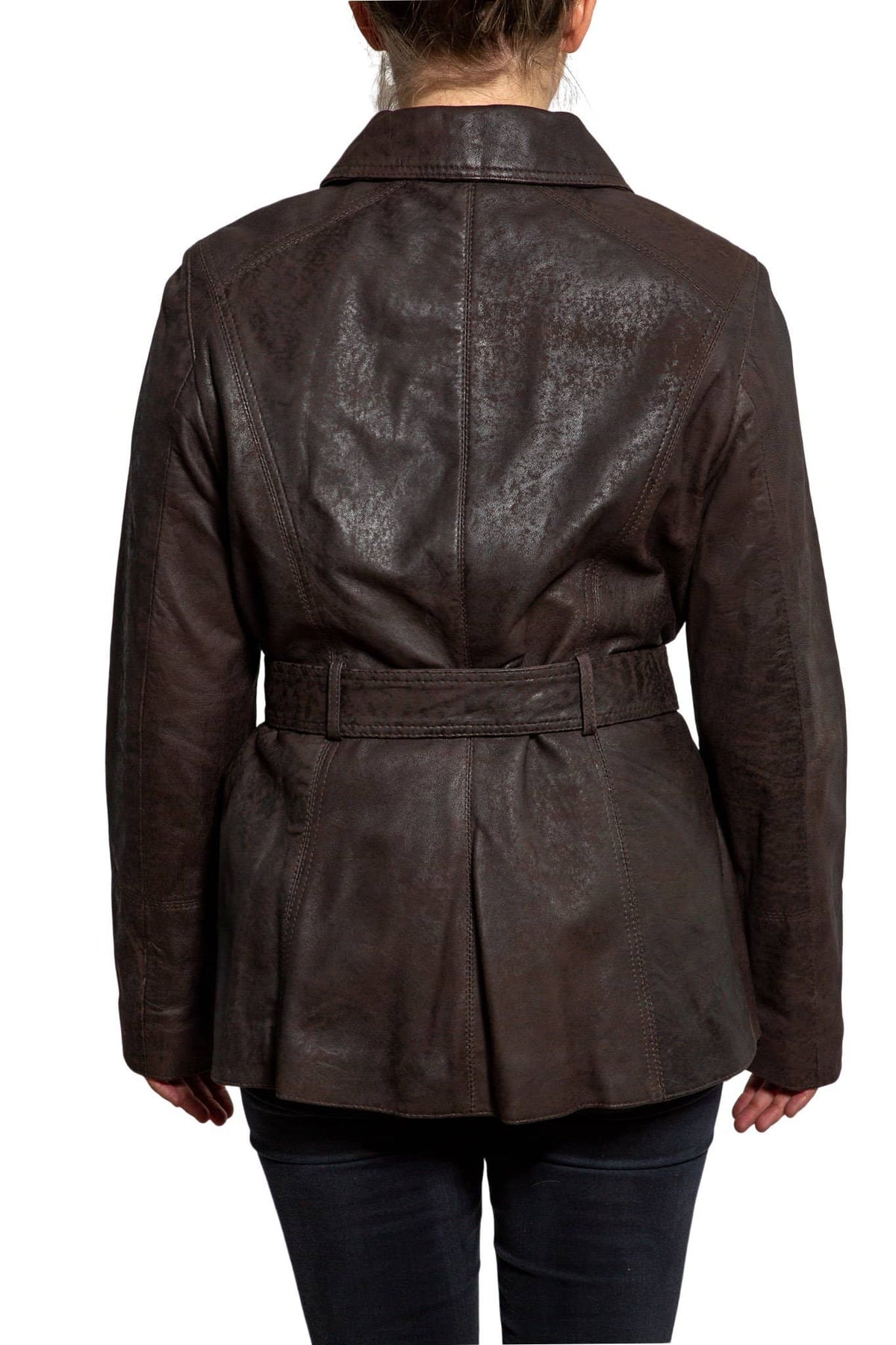 womens leather jacket 715-100 chocolate on model back
