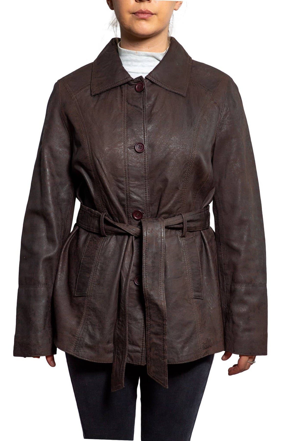 womens leather jacket 715-100 chocolate on model front tied