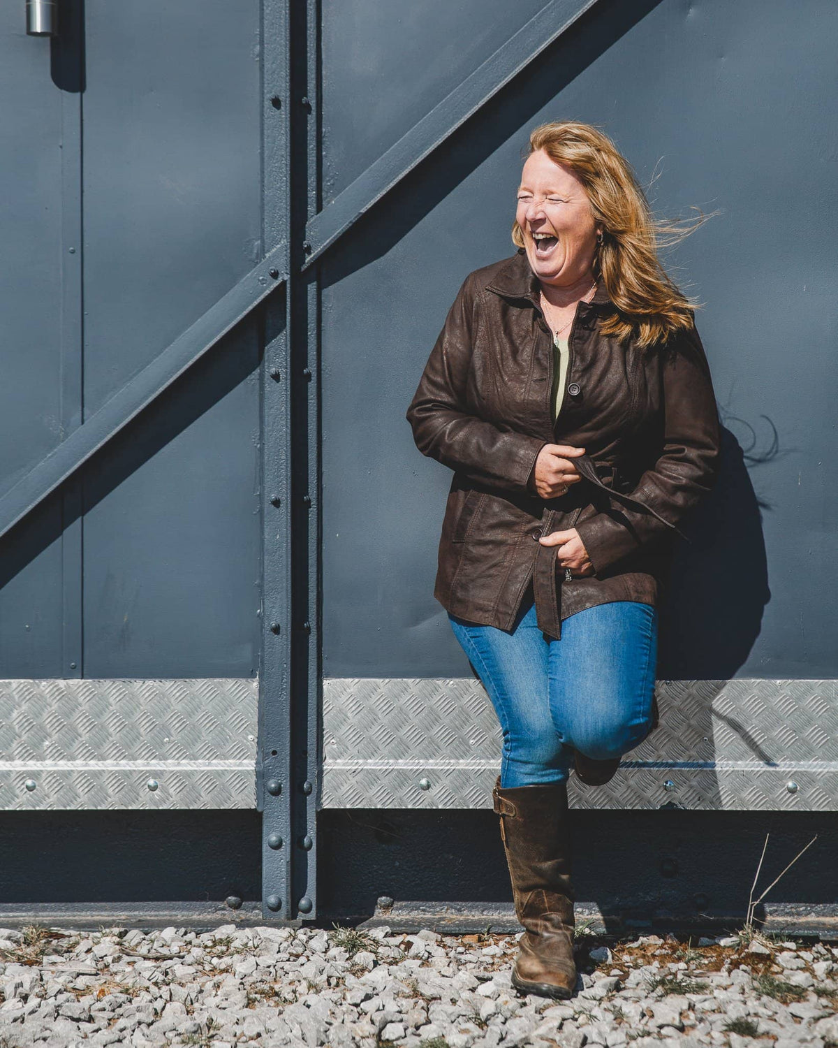 womens leather jacket 715-100 chocolate on model full outfot shot laughing model