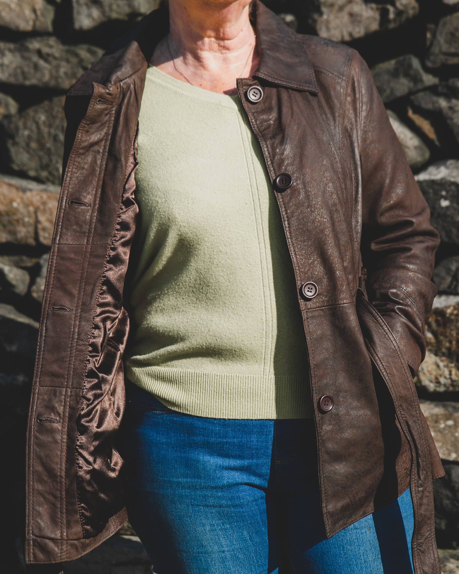 womens leather jacket 715-100 chocolate on model front tied