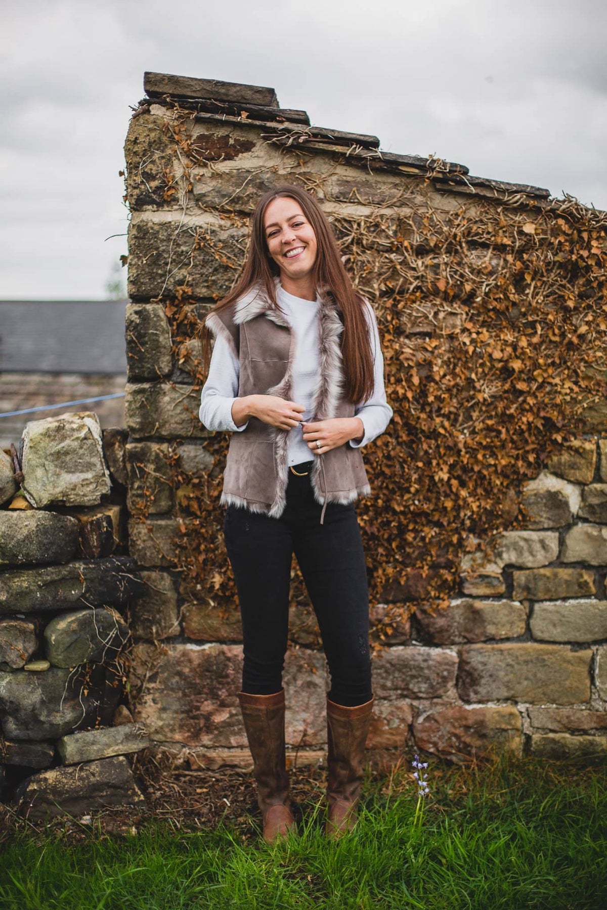 Nordvek womens sheepskin gilet 716-100 stone on model 