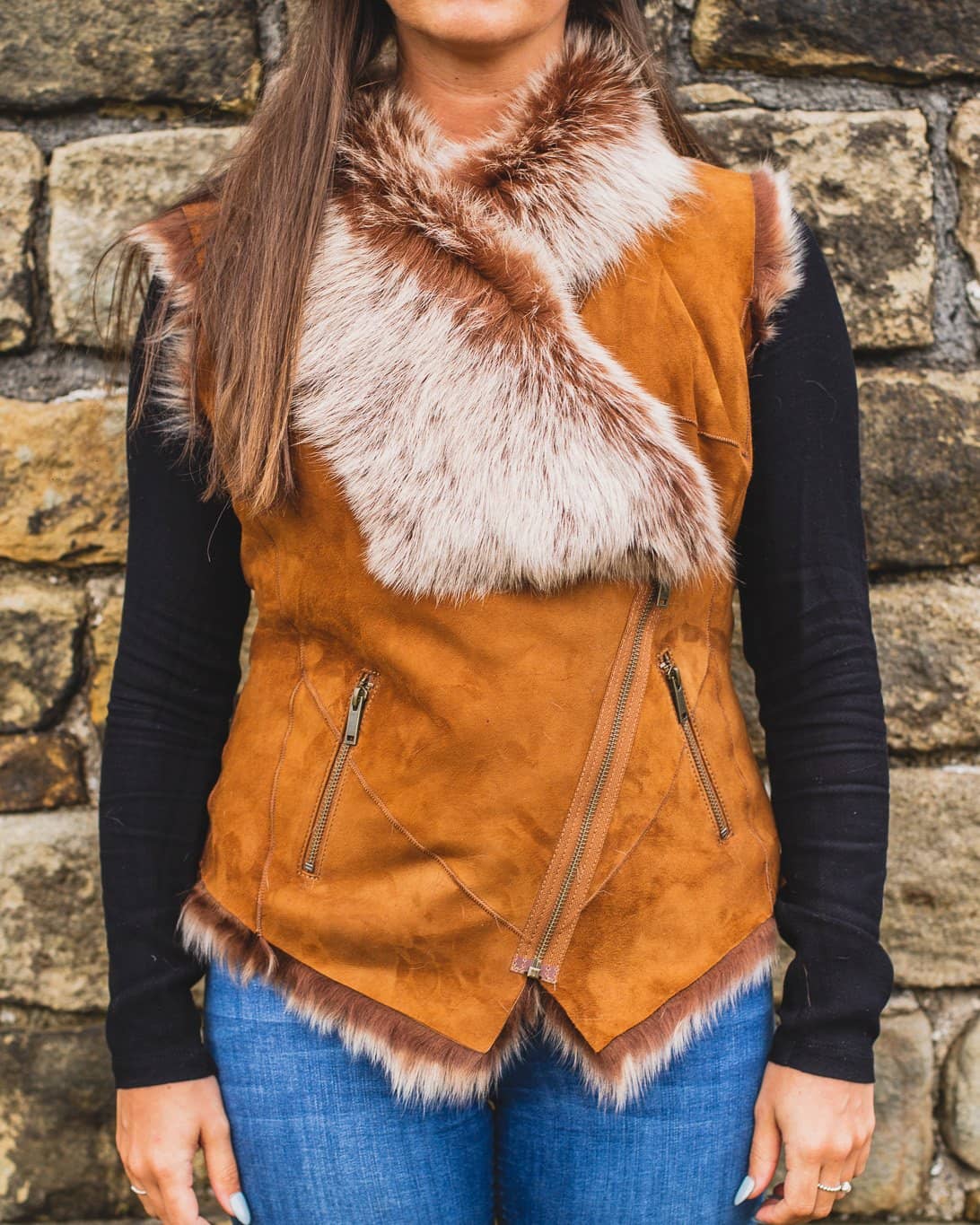 womens toscana shepskin gilet 717-100 tan on model outfit 