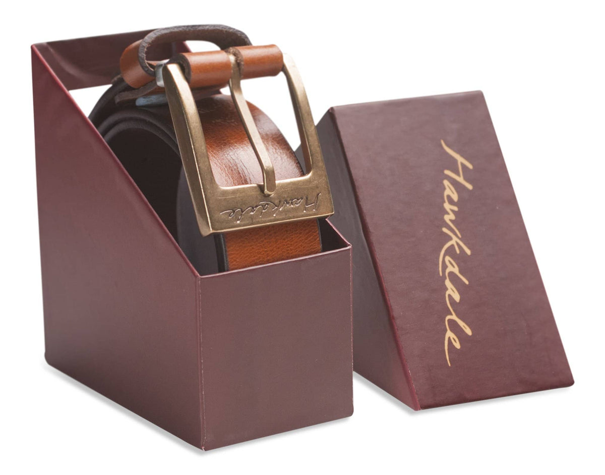 Hawkdale mens leather belt 820-400 tan boxed shot
