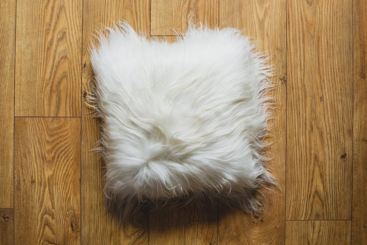 Nordvek Icelandic Sheepskin Cushion 9010-100 white on wooden floor