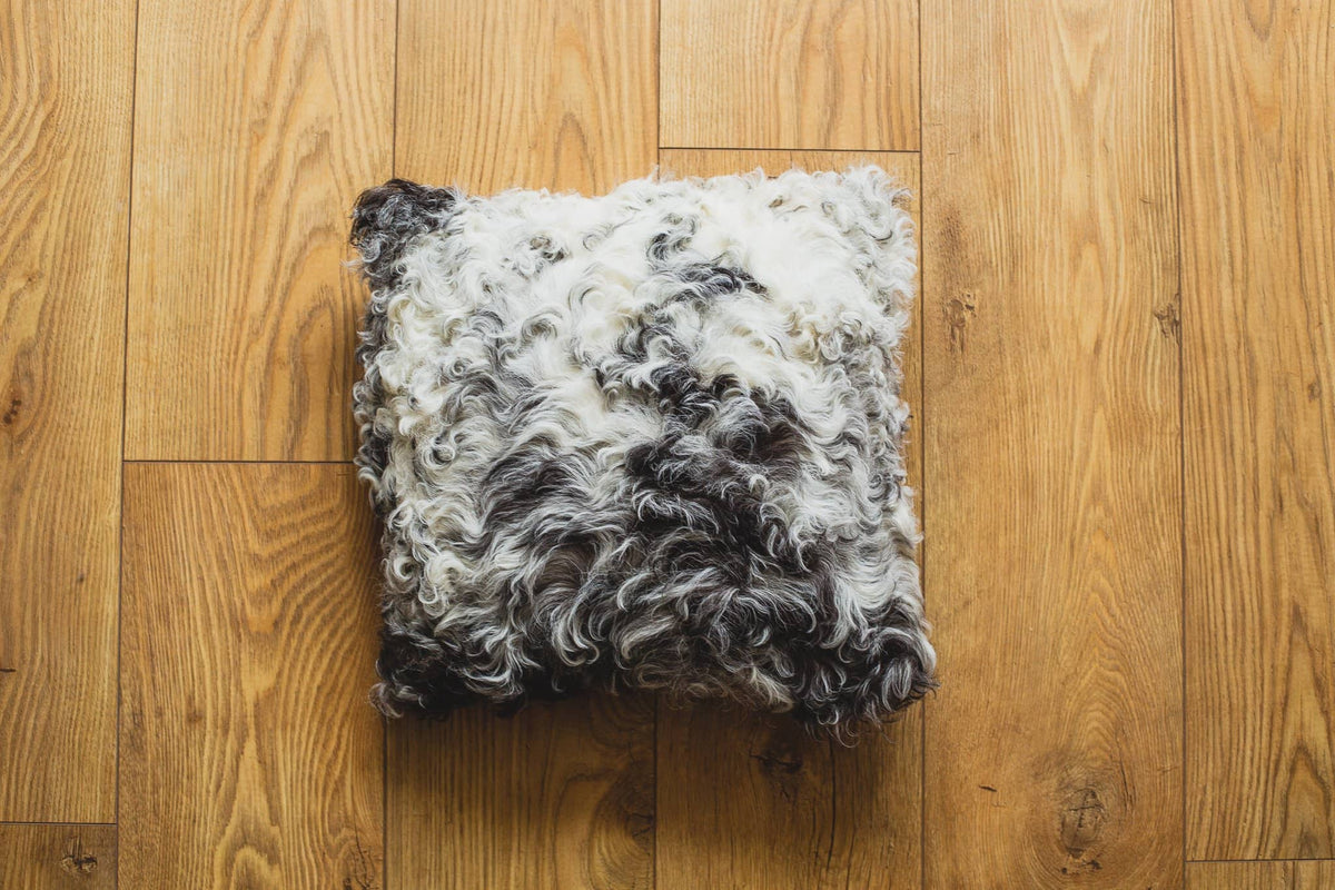 Nordvek Spanish Sheepskin Cushion 9016-100 dark single on wooden floor