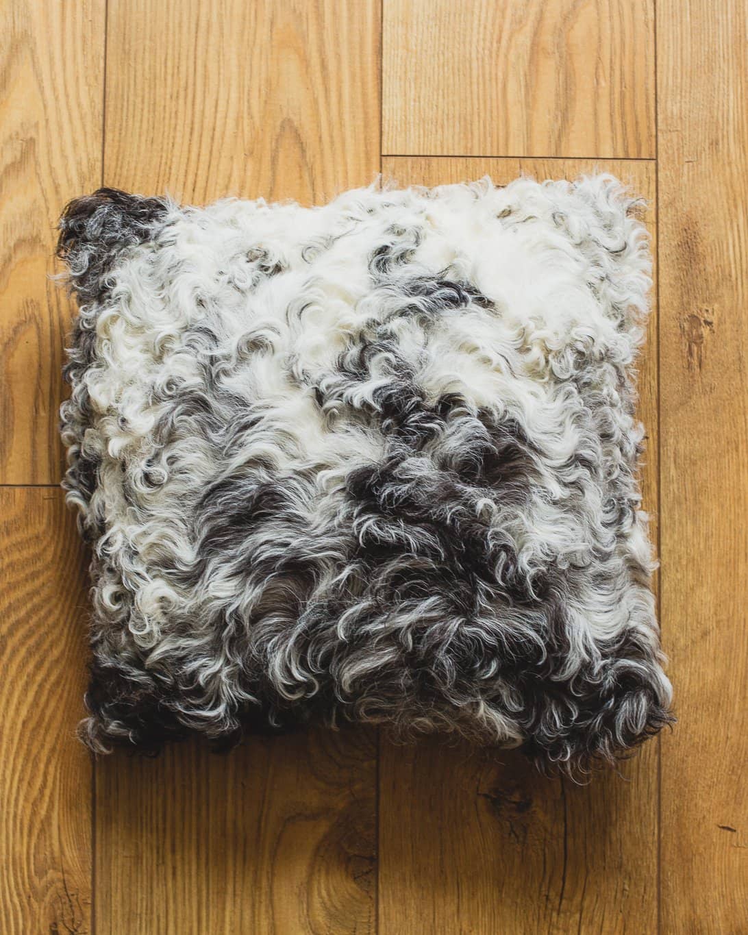 Nordvek Spanish Sheepskin Cushion 9016-100 Dark On Wooden Floor