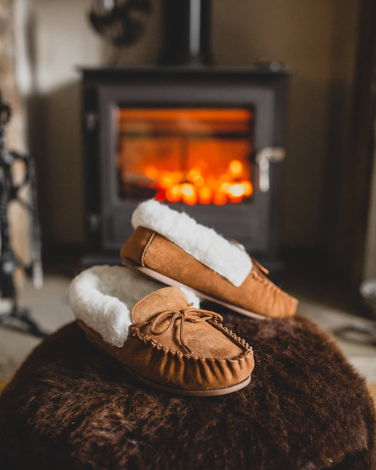 Womens Sheepskin Suede Moccasins - Wool Lined - Non-Slip Rubber Sole