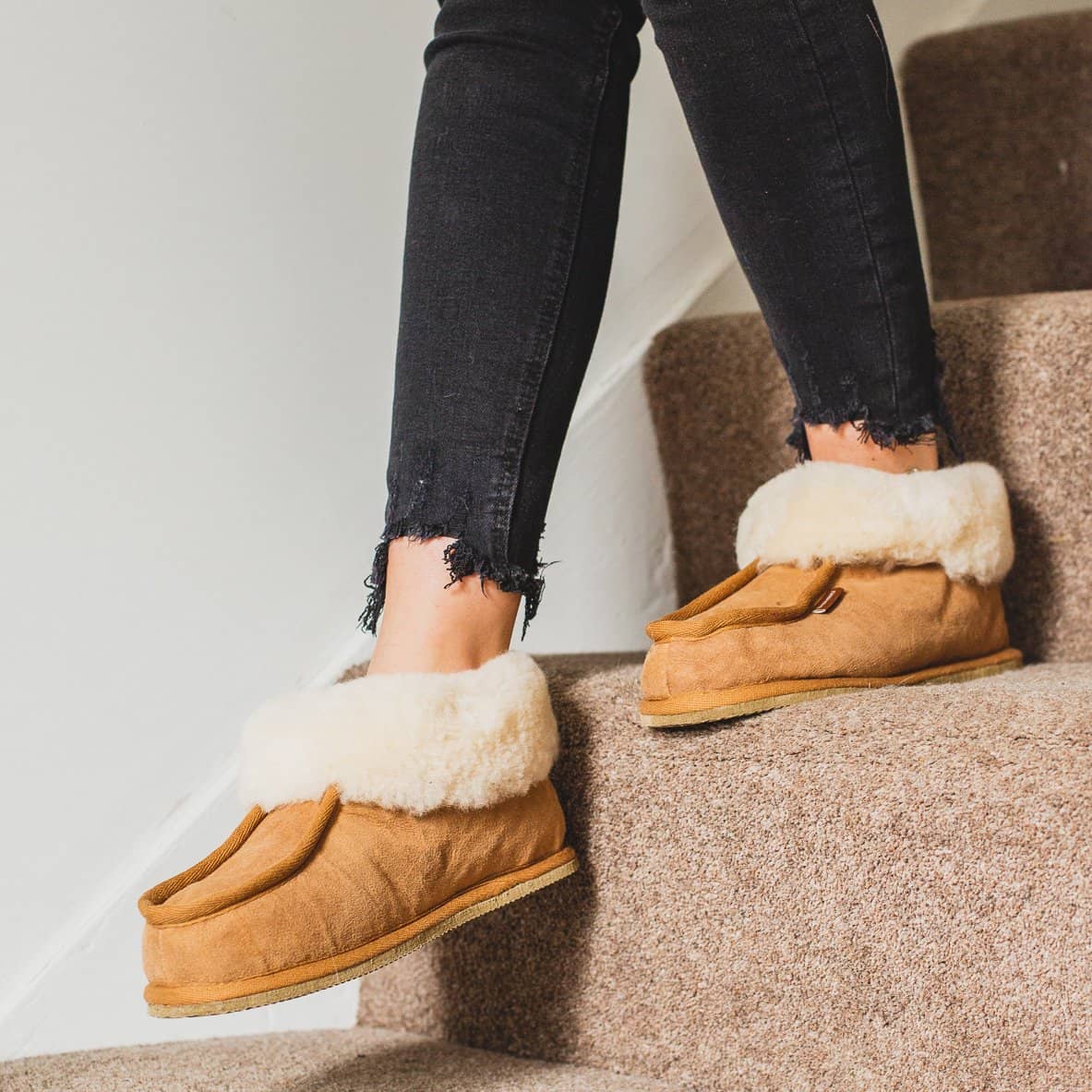 Womens Sheepskin Slippers - Classic Boot Style With Sheepskin Cuff - Rubber Sole