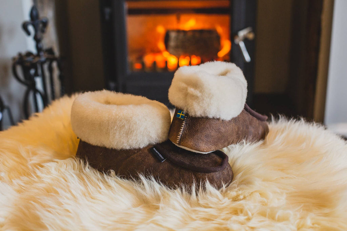 Womens Sheepskin Slippers - Classic Boot Style With Sheepskin Cuff - Leather Sole