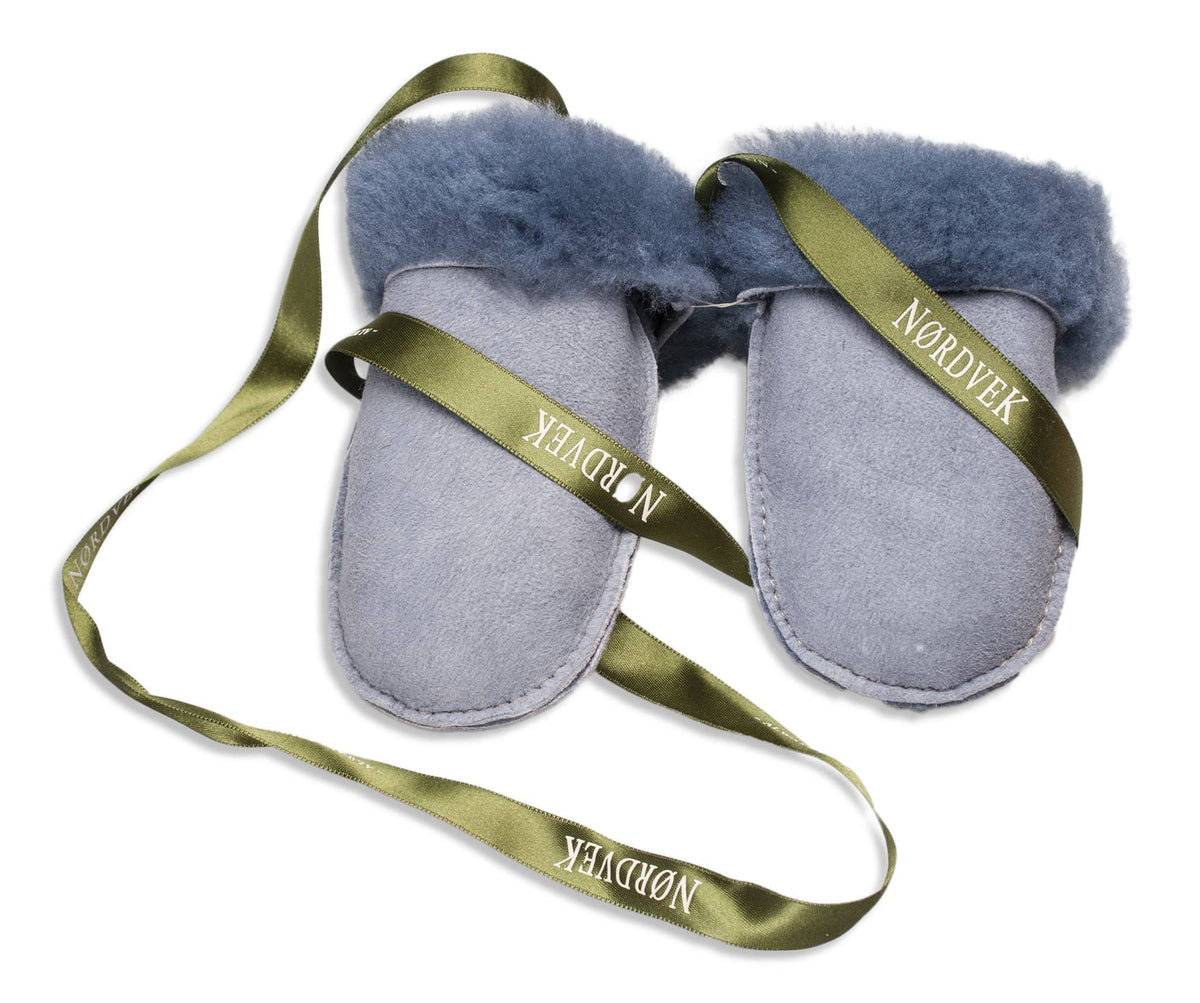 Nordvek sheepskin kids puddy mittens light blue with green ribbon 303-100